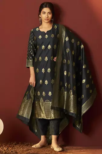 Black silk blend jacquard zari work kurta set with dupatta for women