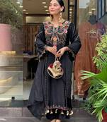 Women's black chanderi embroidered straight kurta set for with pant and dupatta