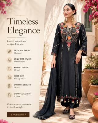 Women's black chanderi embroidered straight kurta set for with pant and dupatta 2