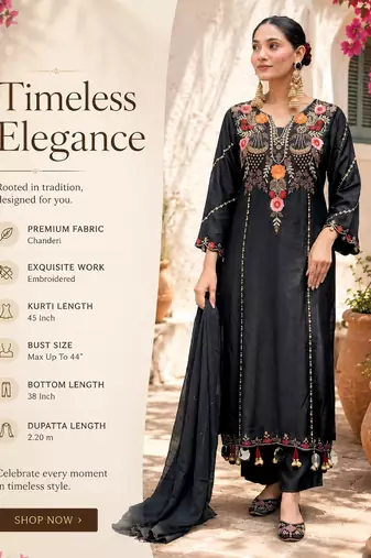 Women's black chanderi embroidered straight kurta set for with pant and dupatta