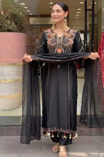 Women's black chanderi embroidered straight kurta set for with pant and dupatta