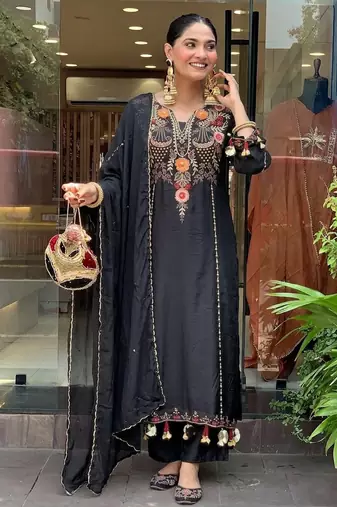 Women's black chanderi embroidered straight kurta set for with pant and dupatta