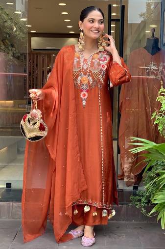 Women's rust chanderi embroidered straight kurta set for with pant and dupatta