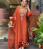 Women's rust chanderi embroidered straight kurta set for with pant and dupatta