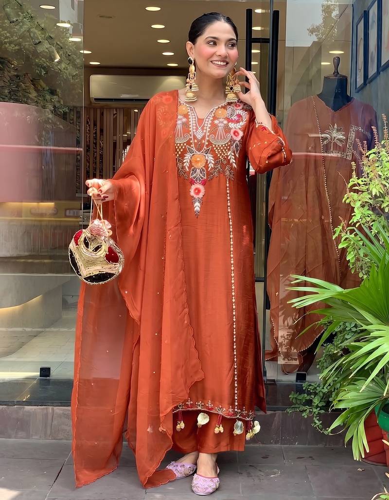 Women's rust chanderi embroidered straight kurta set for with pant and dupatta