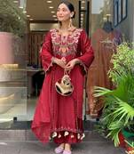 Women's maroon chanderi embroidered straight kurta set for with pant and dupatta