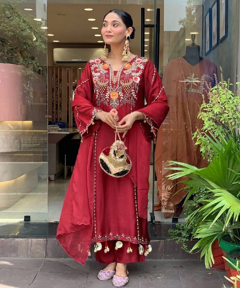 Women's maroon chanderi embroidered straight kurta set for with pant and dupatta