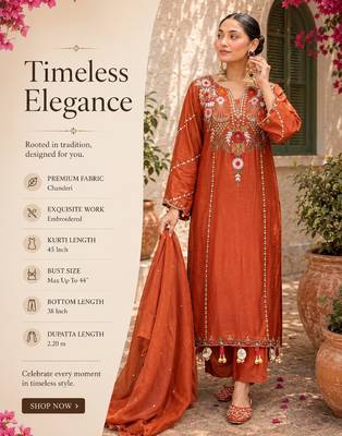 Women's rust chanderi embroidered straight kurta set for with pant and dupatta 2