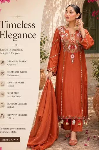 Women's rust chanderi embroidered straight kurta set for with pant and dupatta
