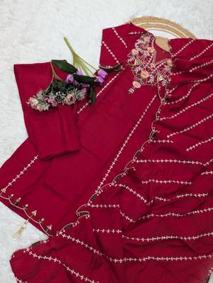 maroon embroidered chanderi straight kurta set with pant 2