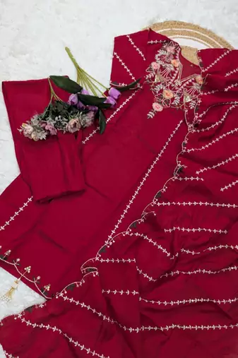 maroon embroidered chanderi straight kurta set with pant