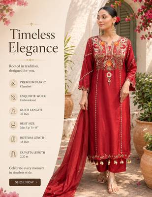 Women's maroon chanderi embroidered straight kurta set for with pant and dupatta 2