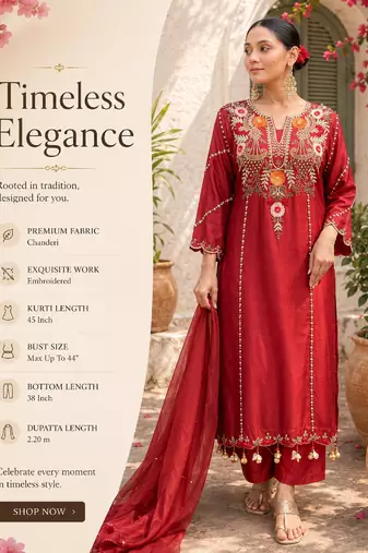 Women's maroon chanderi embroidered straight kurta set for with pant and dupatta