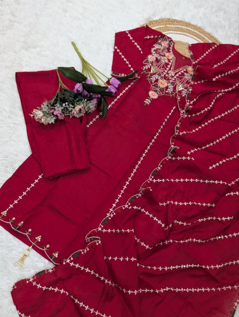 maroon embroidered chanderi straight kurta set with pant