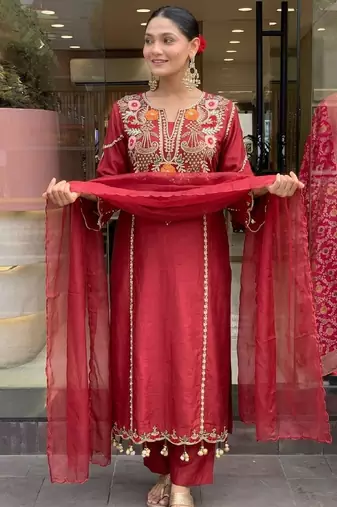 Women's maroon chanderi embroidered straight kurta set for with pant and dupatta