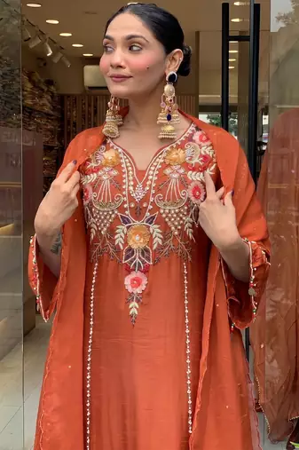 Women's rust chanderi embroidered straight kurta set for with pant and dupatta