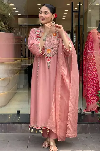 Women's peach chanderi embroidered straight kurta set for with pant and dupatta