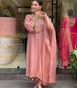 Women's peach chanderi embroidered straight kurta set for with pant and dupatta