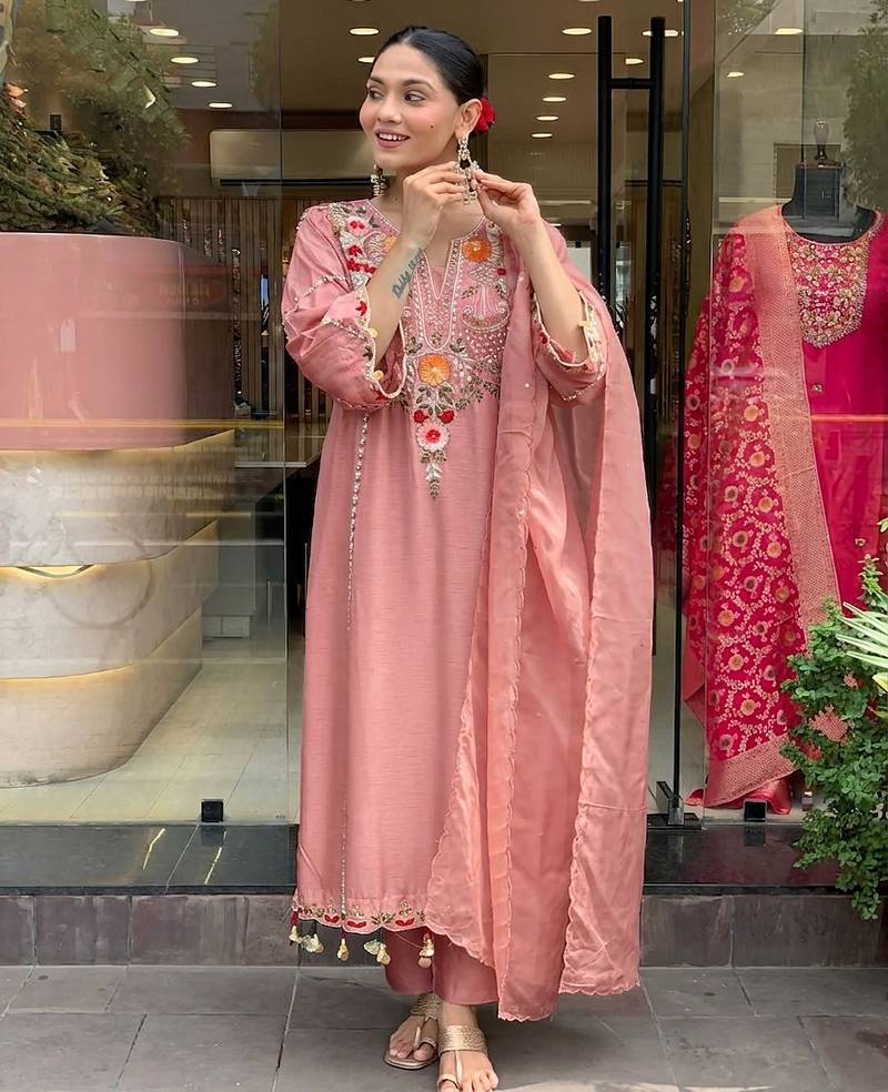 Women's peach chanderi embroidered straight kurta set for with pant and dupatta