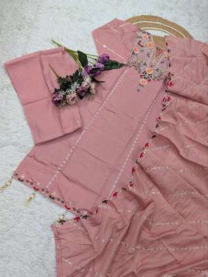 Women's peach chanderi embroidered straight kurta set for with pant and dupatta 2