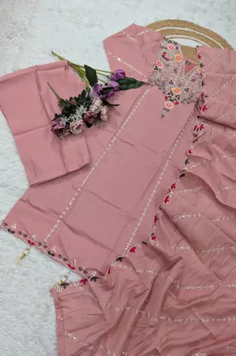 Women's peach chanderi embroidered straight kurta set for with pant and dupatta