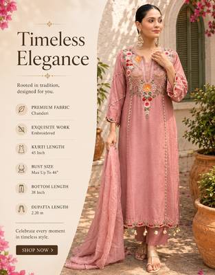 Women's peach chanderi embroidered straight kurta set for with pant and dupatta 2