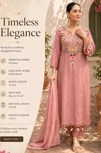 Women's peach chanderi embroidered straight kurta set for with pant and dupatta