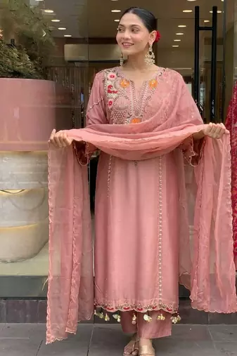 Women's peach chanderi embroidered straight kurta set for with pant and dupatta