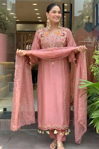 Women's peach chanderi embroidered straight kurta set for with pant and dupatta