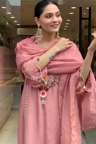 Women's peach chanderi embroidered straight kurta set for with pant and dupatta