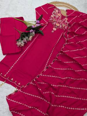 pink embroidered chanderi straight kurta set with pant 2