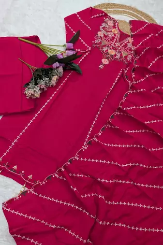 pink embroidered chanderi straight kurta set with pant