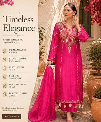 Women's pink chanderi embroidered straight kurta set for with pant and dupatta 2