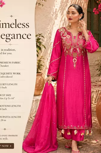 Women's pink chanderi embroidered straight kurta set for with pant and dupatta