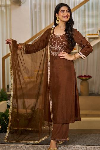 Women's brown silk blend embroidered straight kurta set with pant and dupatta