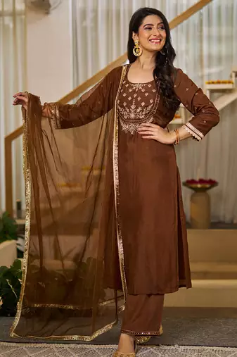 Women's brown silk blend embroidered straight kurta set with pant and dupatta
