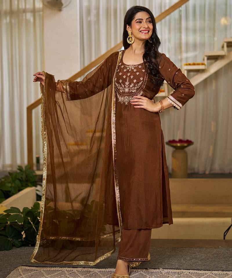 Women's brown silk blend embroidered straight kurta set with pant and dupatta