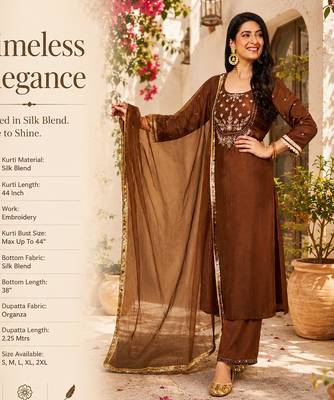 Women's brown silk blend embroidered straight kurta set with pant and dupatta 2