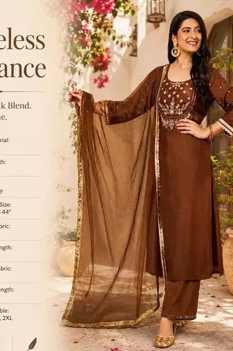 Women's brown silk blend embroidered straight kurta set with pant and dupatta
