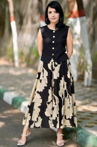 Premium black printed jaipuri cotton skirt and top set with beautiful button