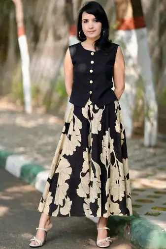 Premium black printed jaipuri cotton skirt and top set with beautiful button
