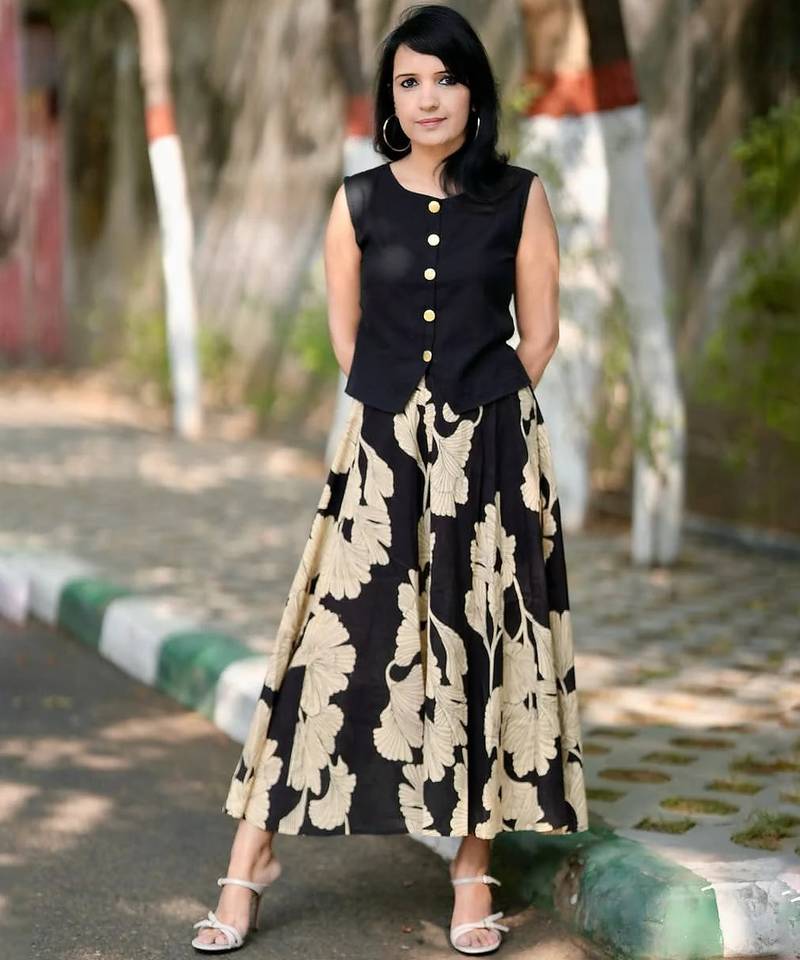 Premium black printed jaipuri cotton skirt and top set with beautiful button