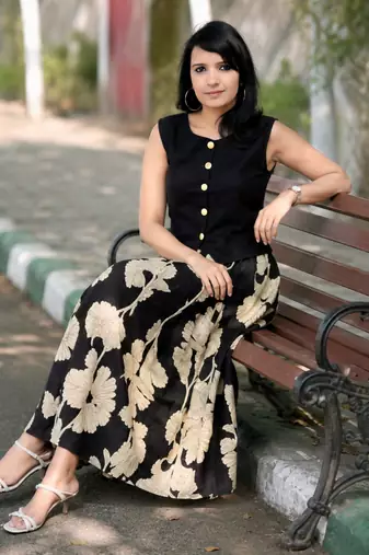 Premium black printed jaipuri cotton skirt and top set with beautiful button