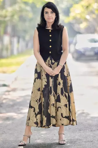 Premium black printed jaipuri cotton skirt and top set with beautiful button