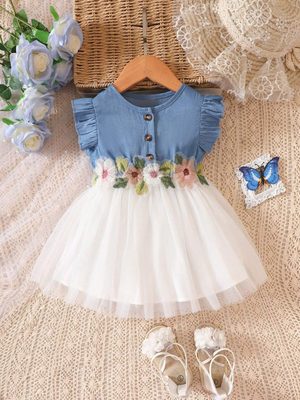  blue and white midi length art silk party frock floral embroidery waist | cap sleeve fit & flare princess dress 1