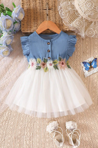  blue and white midi length art silk party frock floral embroidery waist | cap sleeve fit & flare princess dress