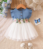  blue and white midi length art silk party frock floral embroidery waist | cap sleeve fit & flare princess dress