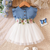  blue and white midi length art silk party frock floral embroidery waist | cap sleeve fit & flare princess dress