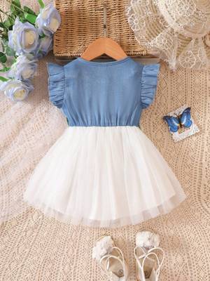  blue and white midi length art silk party frock floral embroidery waist | cap sleeve fit & flare princess dress 2