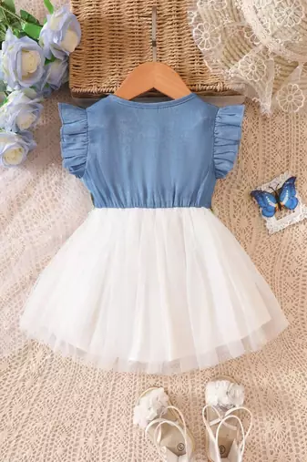  blue and white midi length art silk party frock floral embroidery waist | cap sleeve fit & flare princess dress